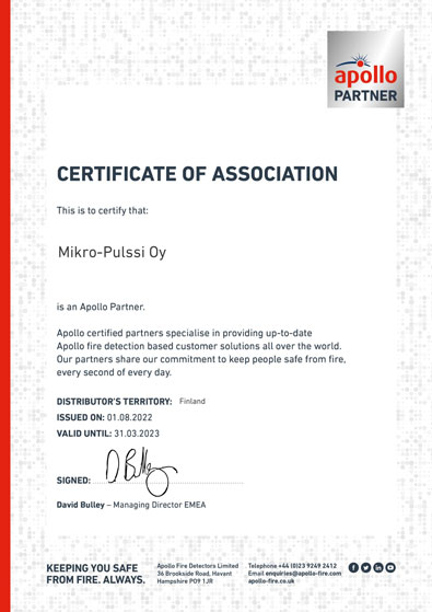 Mikro-Pulssin saama Apollo Partner Network -sertifikaatti.