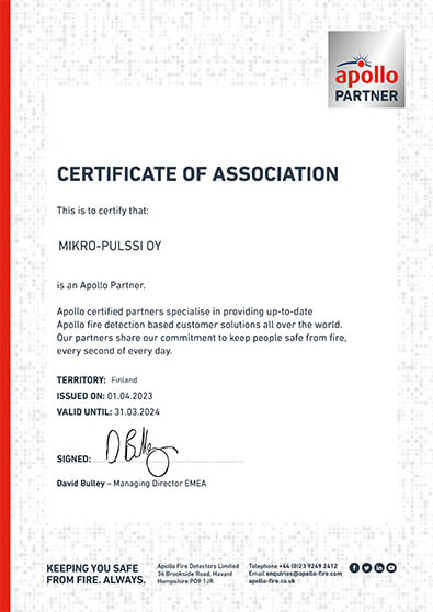 Apollo Partner Network certificate for Mikro-Pulssi 2023-24.