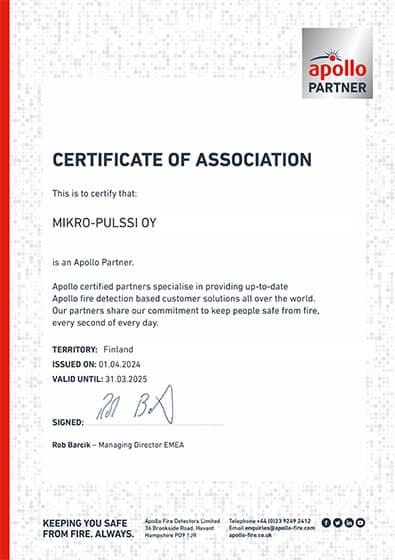 Apollo Partneri -sertifikaatti Mikro-Pulssille 2024-25.