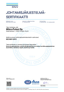 Mikro-Pulssin ISO-9001-sertifikaatti.